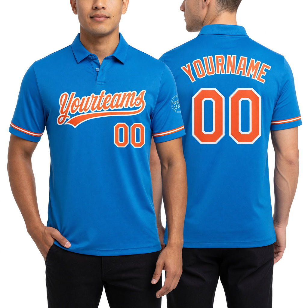 Custom Blue Orange-White Performance Vapor Golf Polo Shirt worn front and back