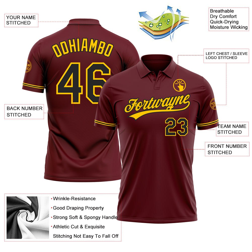 Custom Burgundy Black-Yellow Performance Vapor Golf Polo Shirt photo 3