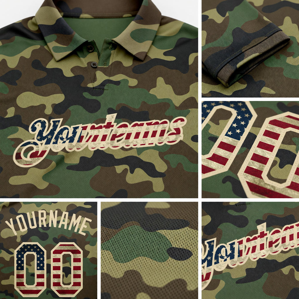 Custom Camo Vintage USA Flag-City Cream Performance Salute To Service Golf Polo Shirt detail