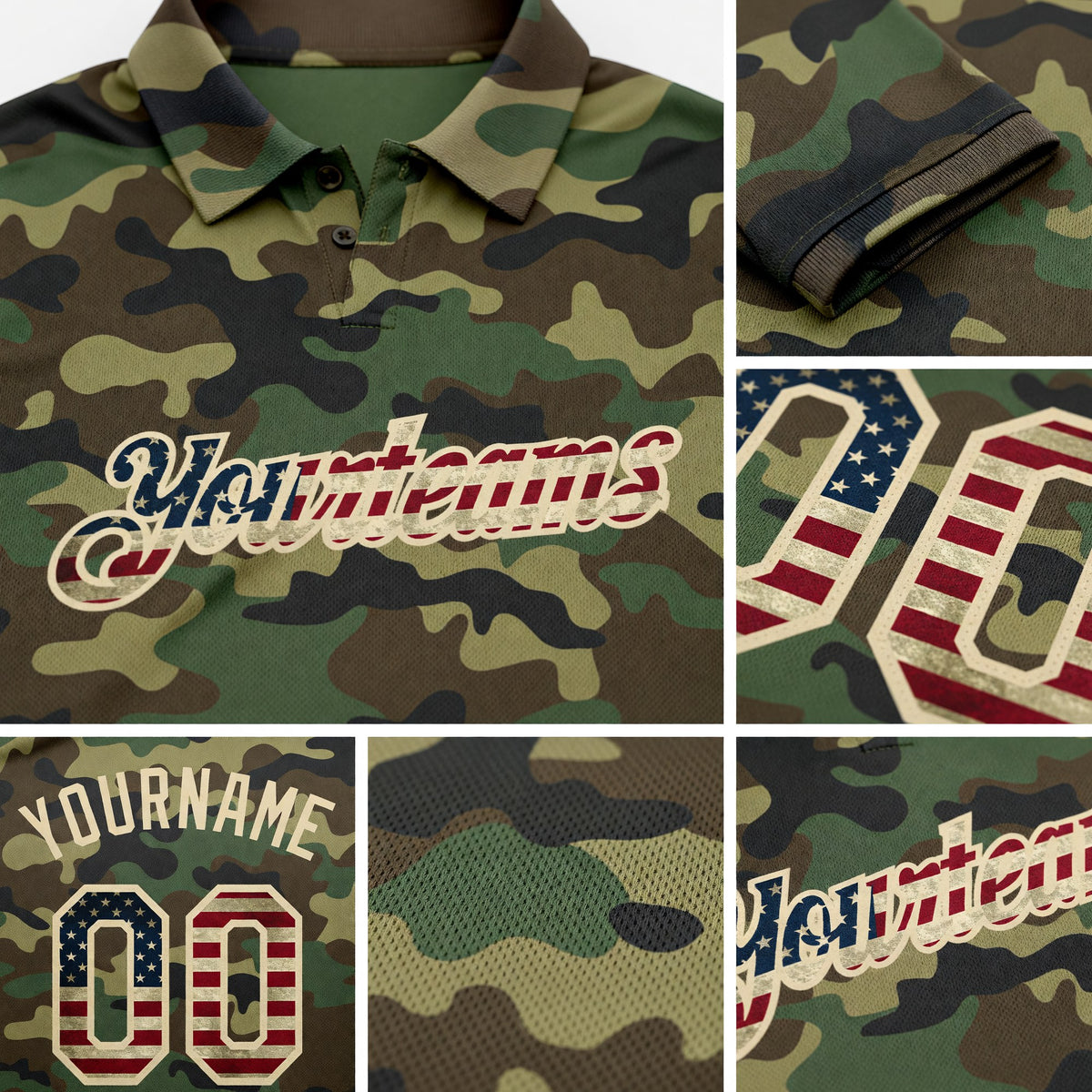 Custom Camo Vintage USA Flag-City Cream Performance Salute To Service Golf Polo Shirt detail