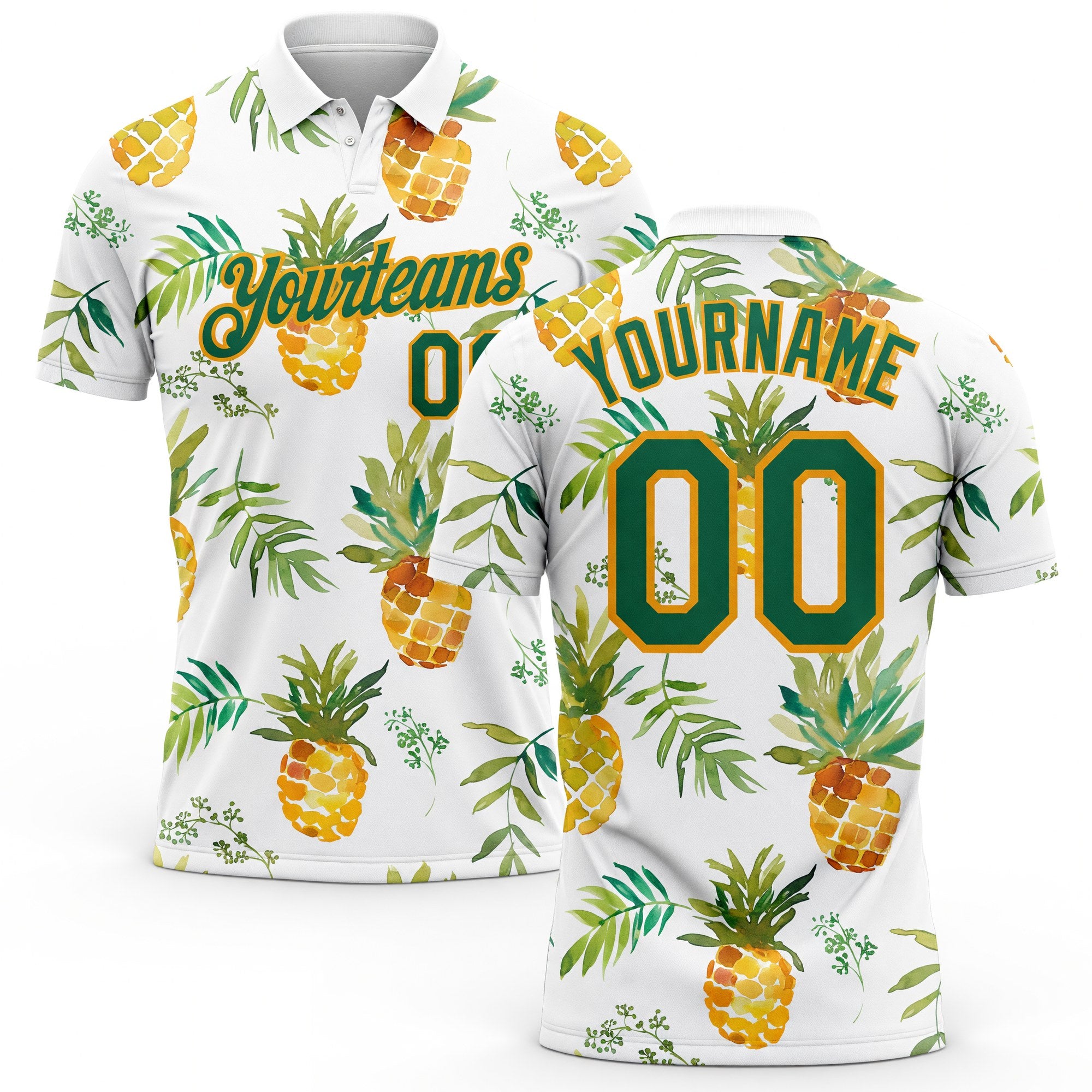 Custom White Kelly Green-Gold 3D Pattern Design Pineapples Performance Golf Polo Shirt
