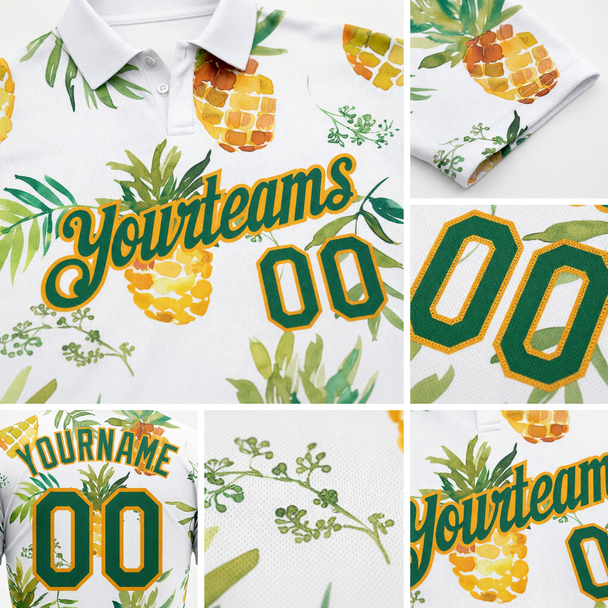 Custom White Kelly Green-Gold 3D Pattern Design Pineapples Performance Golf Polo Shirt detail