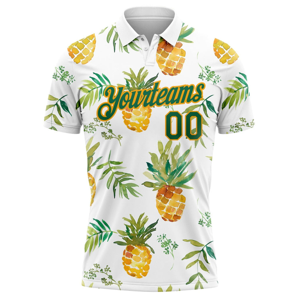 Custom White Kelly Green-Gold 3D Pattern Design Pineapples Performance Golf Polo Shirt photo 1