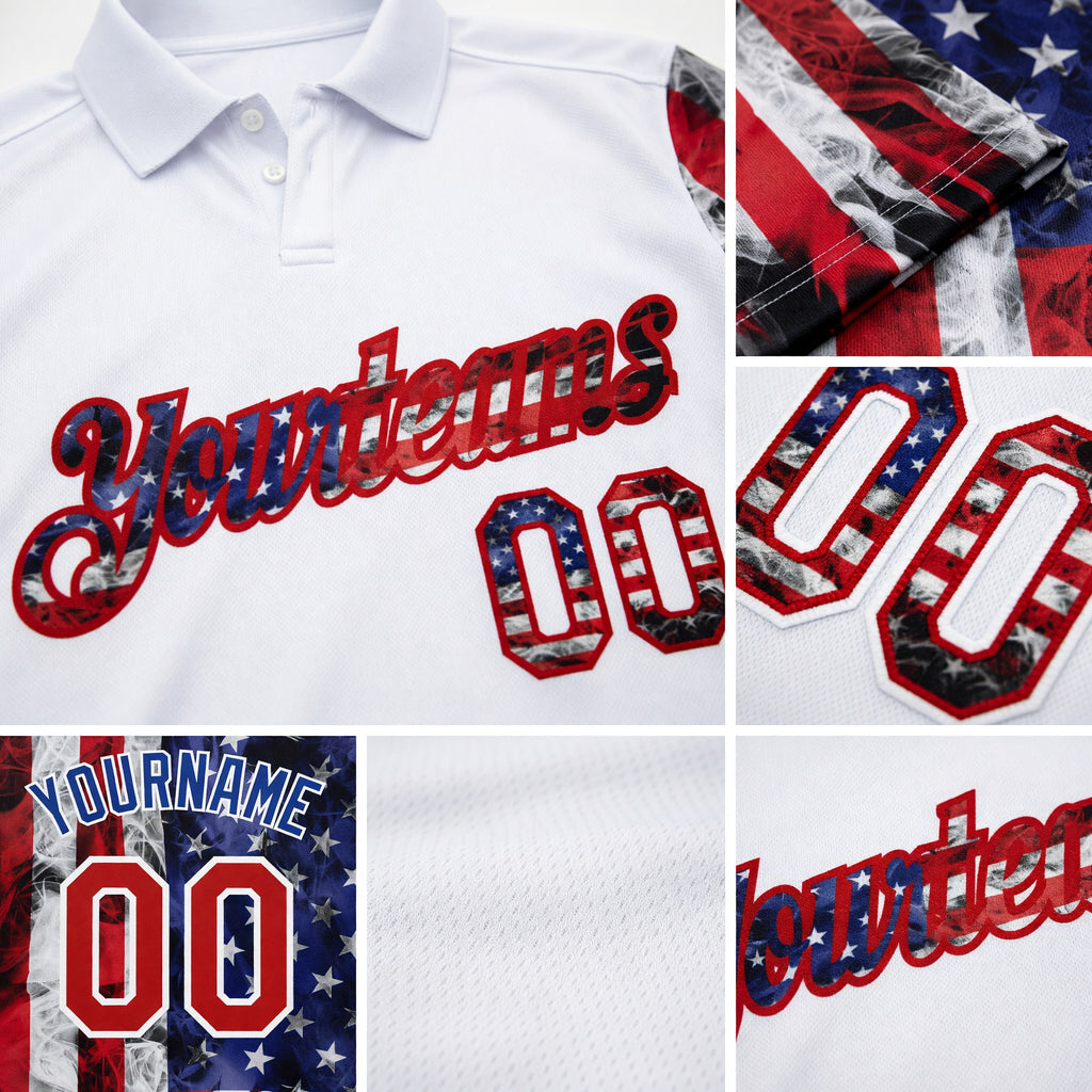 Custom White Red-Royal 3D American Flag Performance Golf Polo Shirt detail
