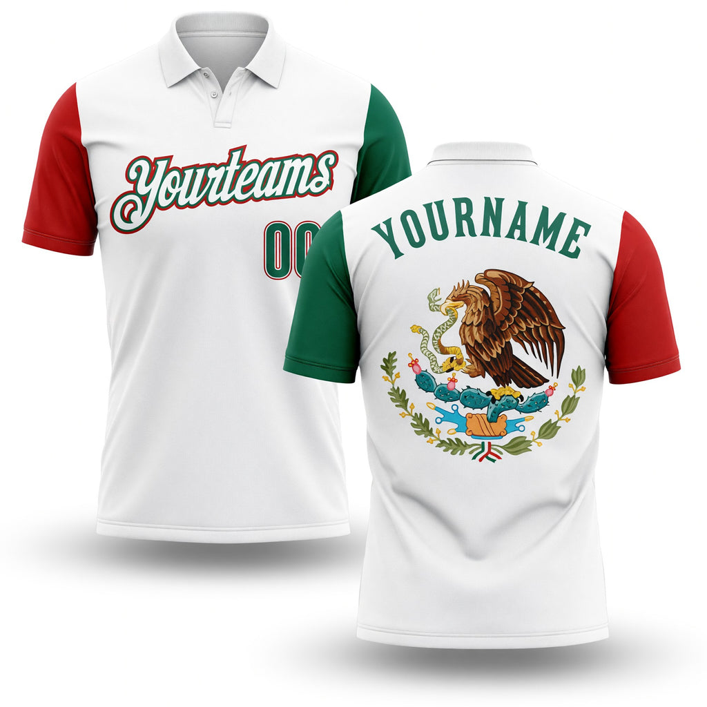 Custom White Kelly Green-Red Mexico Two Tone Performance Golf Polo Shirt