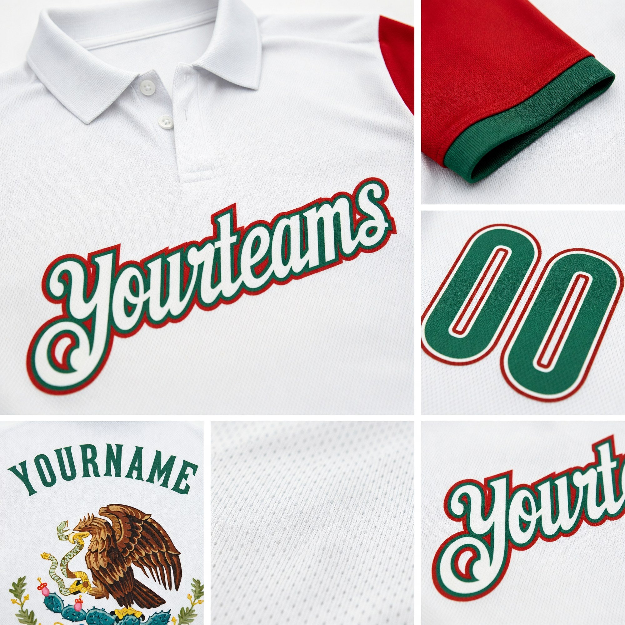 Custom White Kelly Green-Red Mexico Two Tone Performance Golf Polo Shirt detail