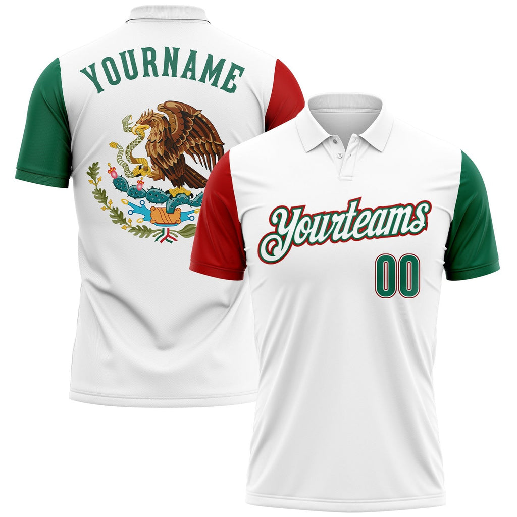Custom White Kelly Green-Red Mexico Two Tone Performance Golf Polo Shirt photo 1