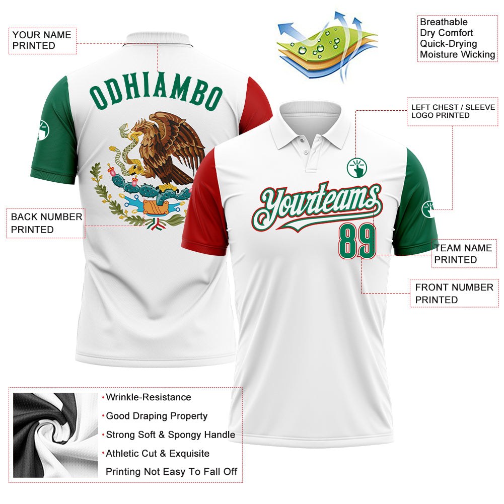 Custom White Kelly Green-Red Mexico Two Tone Performance Golf Polo Shirt photo 3