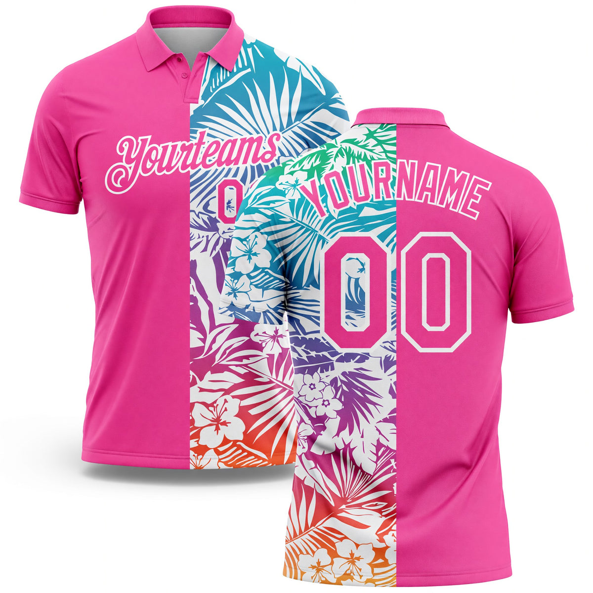Custom Pink White 3D Pattern Design Tropical Palm Leaves Performance Golf Polo Shirt