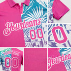 Custom Pink White 3D Pattern Design Tropical Palm Leaves Performance Golf Polo Shirt detail