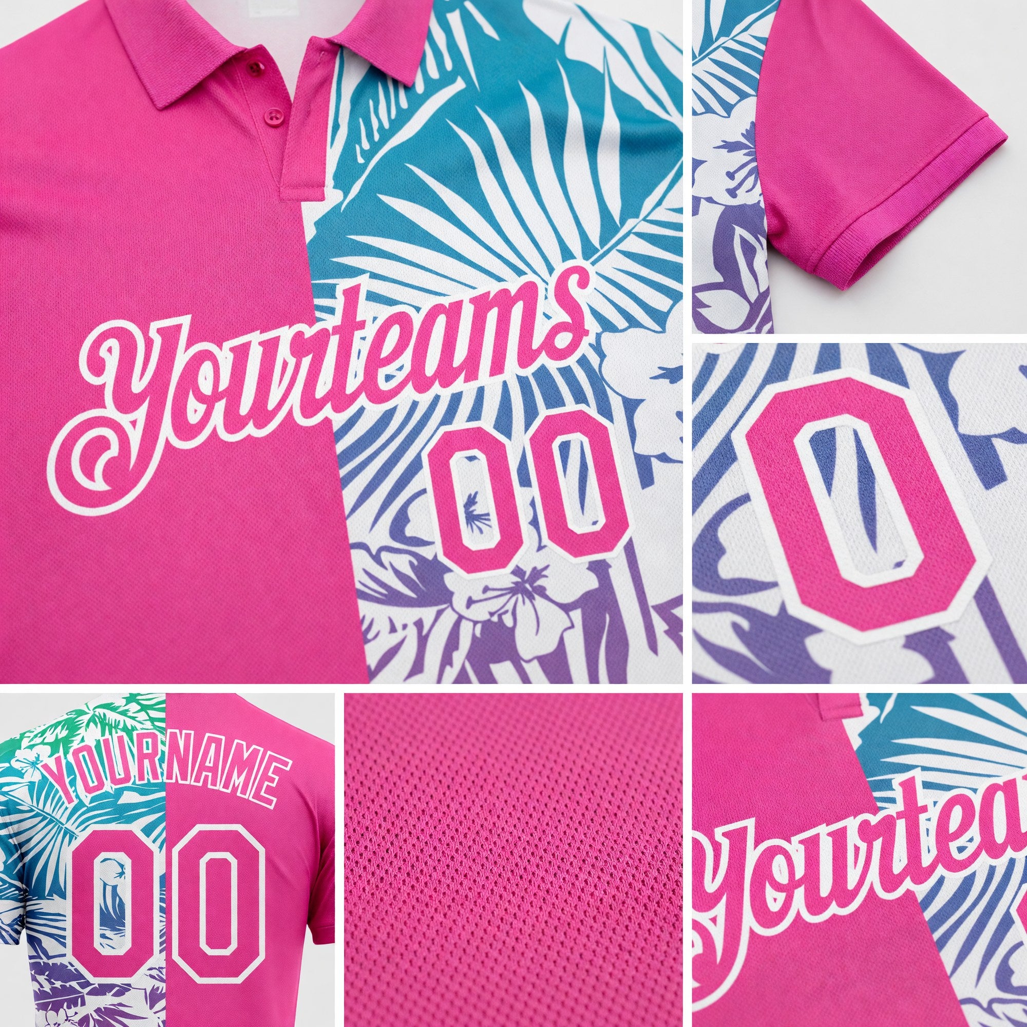 Custom Pink White 3D Pattern Design Tropical Palm Leaves Performance Golf Polo Shirt detail