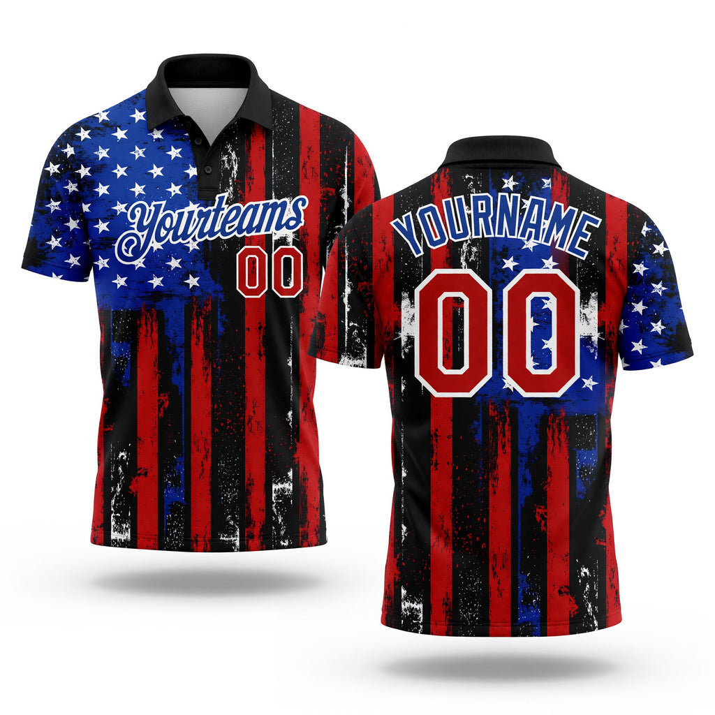 Custom Black Red-Royal 3D Distressed American Flag Performance Golf Polo Shirt