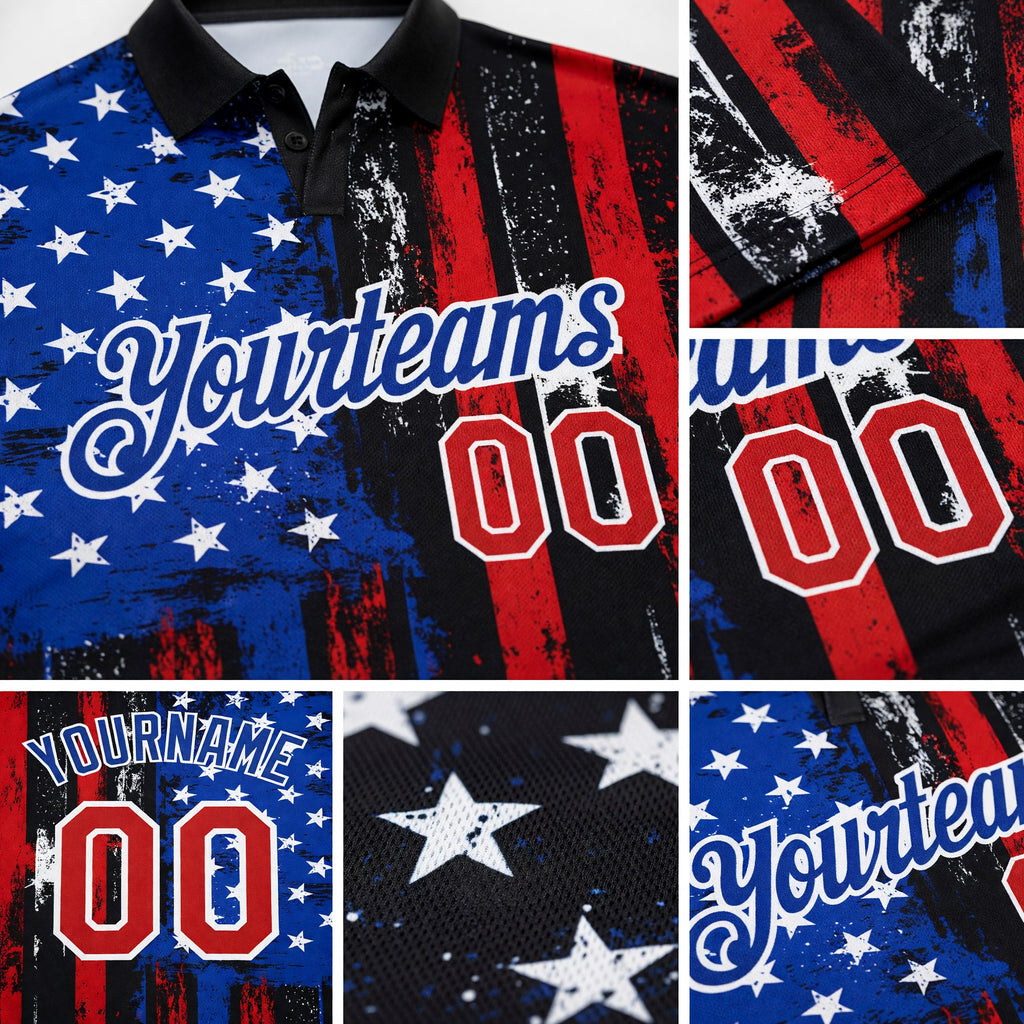 Custom Black Red-Royal 3D Distressed American Flag Performance Golf Polo Shirt detail