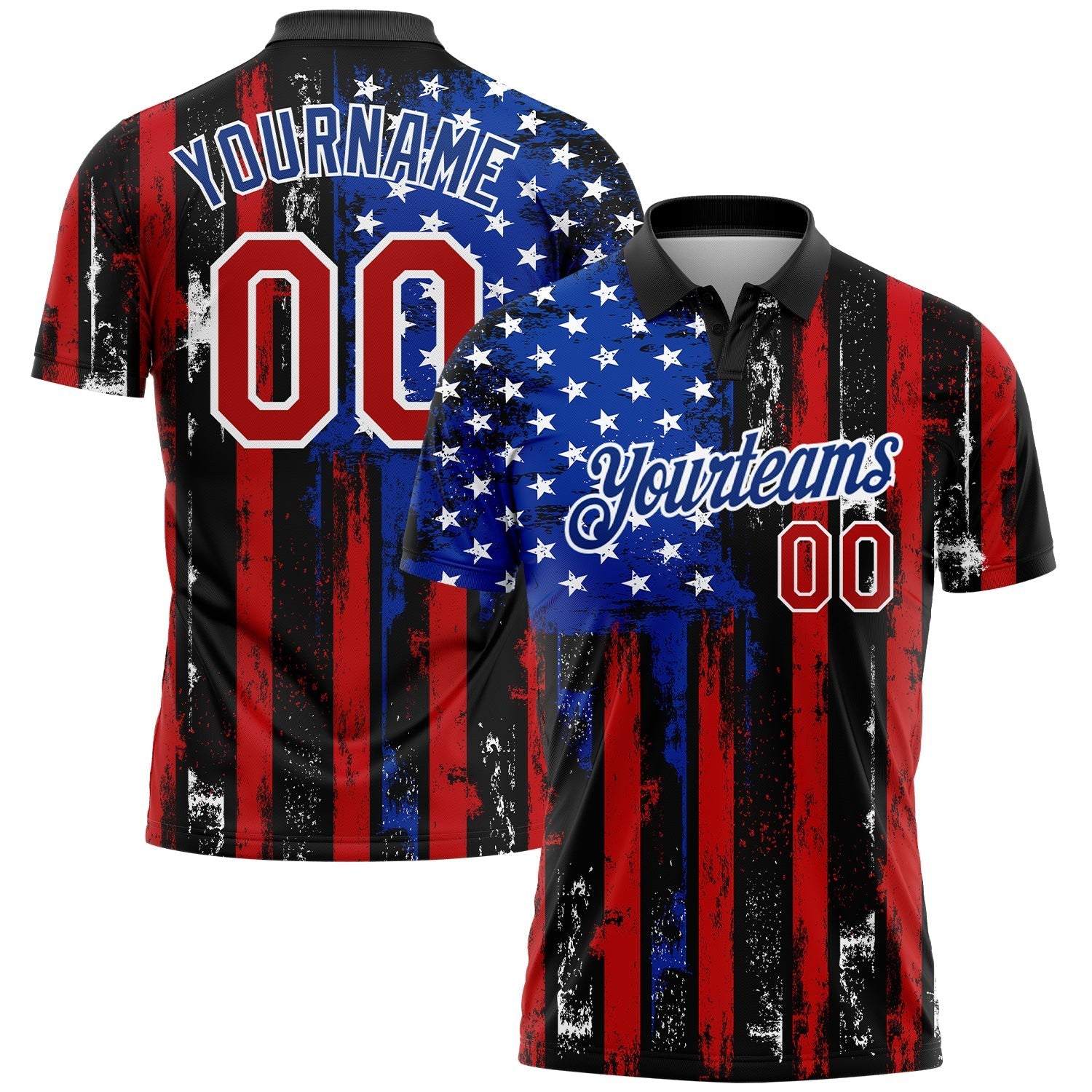 Custom Black Red-Royal 3D Distressed American Flag Performance Golf Polo Shirt photo 1