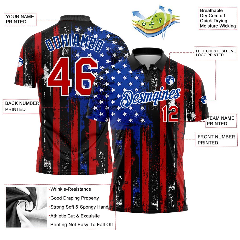 Custom Black Red-Royal 3D Distressed American Flag Performance Golf Polo Shirt photo 3