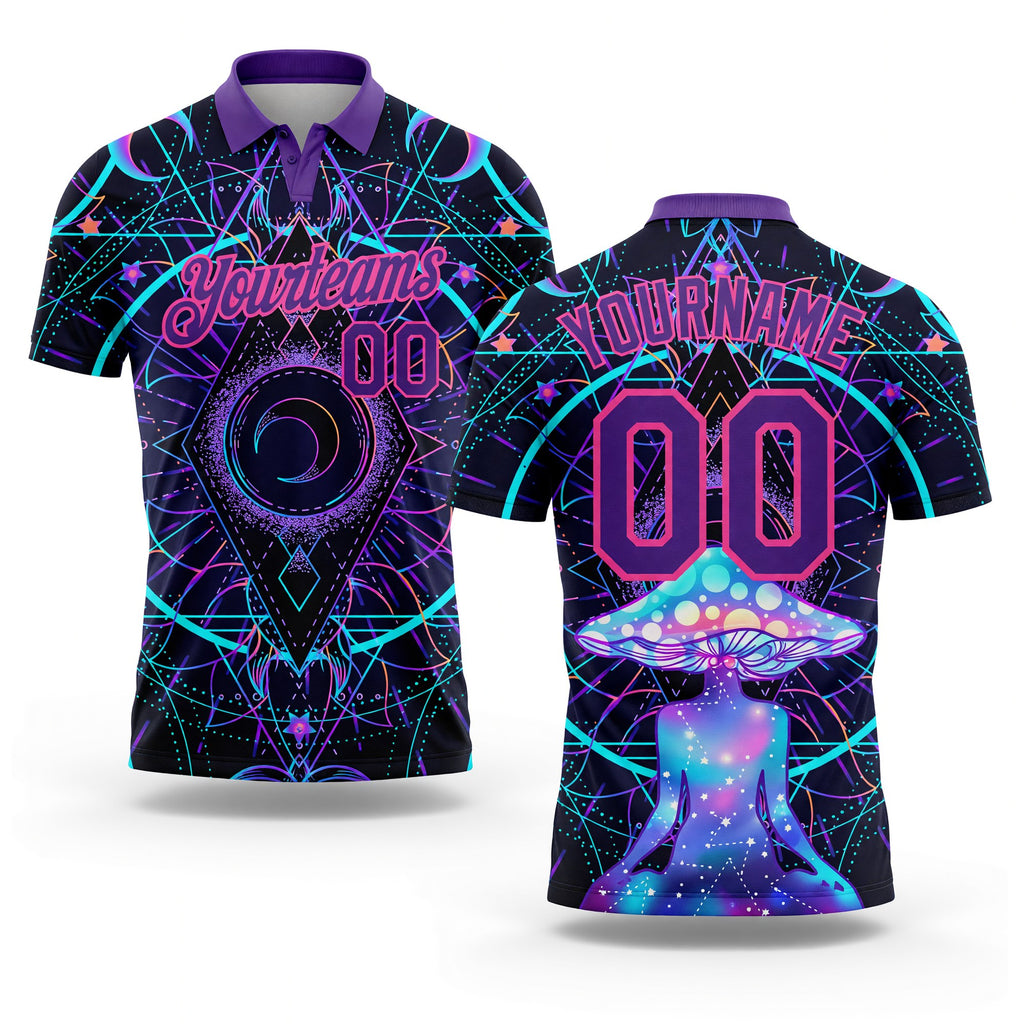 Custom Black Pink-Purple 3D Pattern Design Magic Mushrooms Over Sacred Geometry Psychedelic Hallucination Performance Golf Polo Shirt