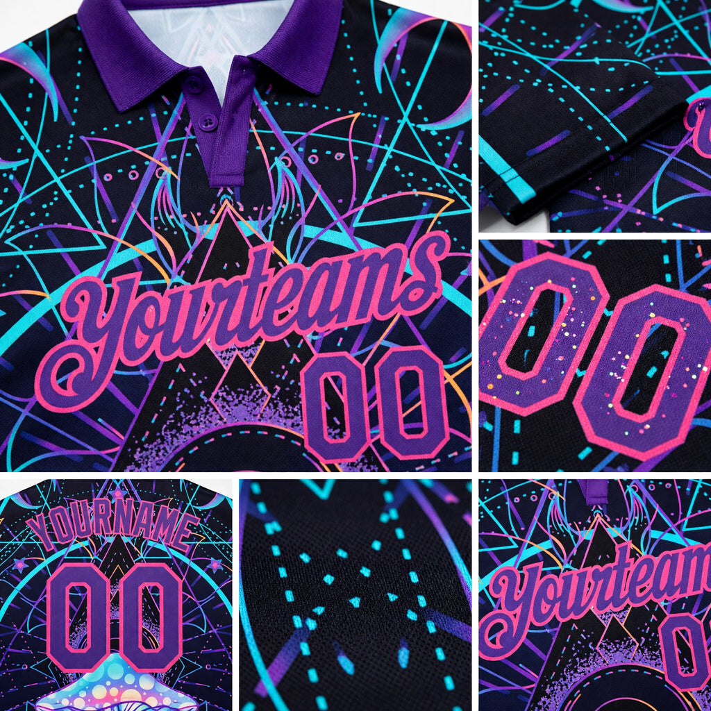 Custom Black Pink-Purple 3D Pattern Design Magic Mushrooms Over Sacred Geometry Psychedelic Hallucination Performance Golf Polo Shirt detail