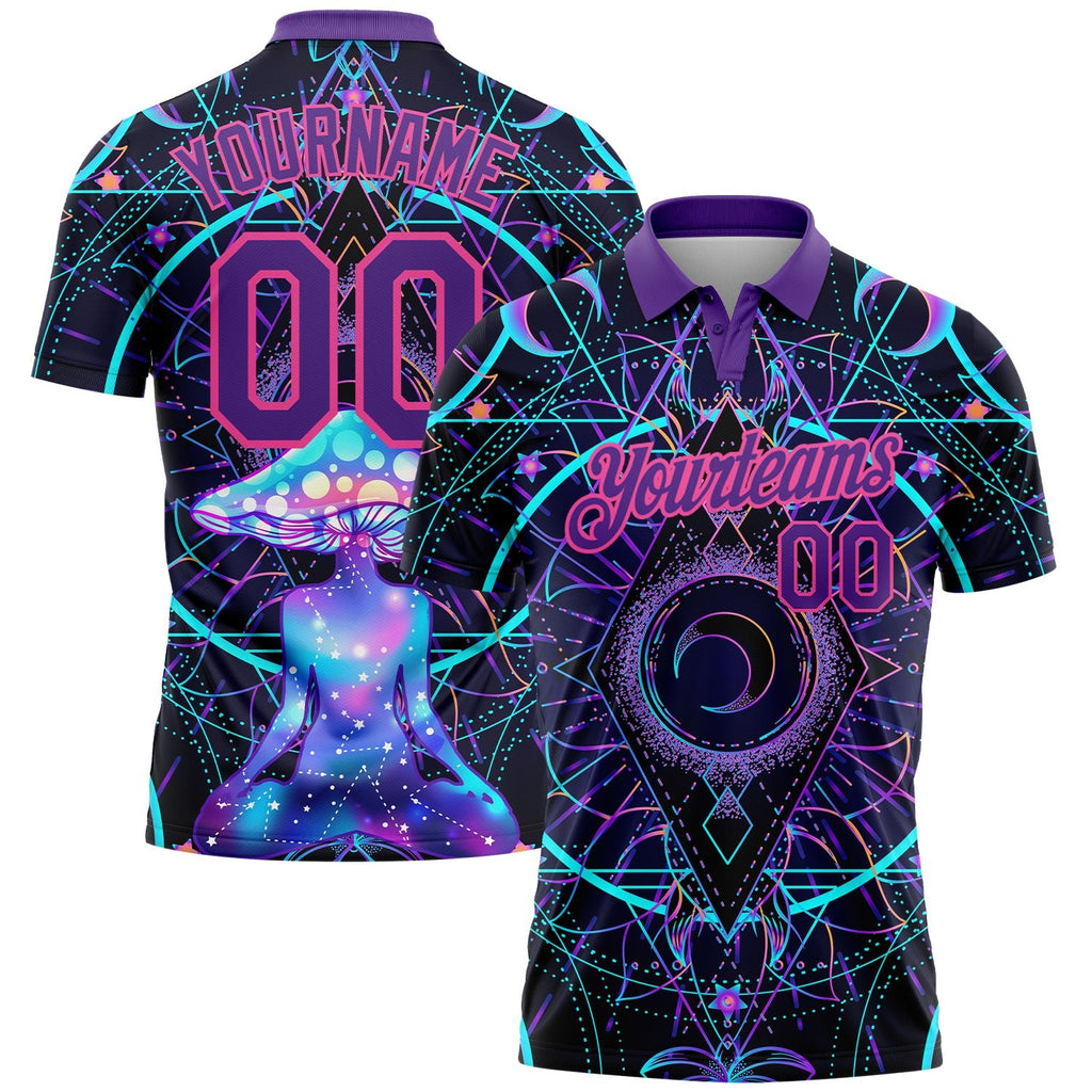 Custom Black Pink-Purple 3D Pattern Design Magic Mushrooms Over Sacred Geometry Psychedelic Hallucination Performance Golf Polo Shirt photo 1