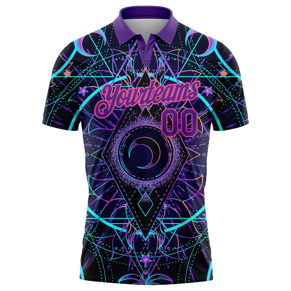 Custom Black Pink-Purple 3D Pattern Design Magic Mushrooms Over Sacred Geometry Psychedelic Hallucination Performance Golf Polo Shirt photo 2