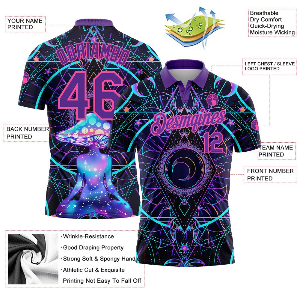 Custom Black Pink-Purple 3D Pattern Design Magic Mushrooms Over Sacred Geometry Psychedelic Hallucination Performance Golf Polo Shirt photo 3