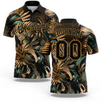 Custom Black Old Gold 3D Pattern Design Golden And Green Tropical Leaves In The Style Of Jungle And Hawaii Performance Golf Polo Shirt