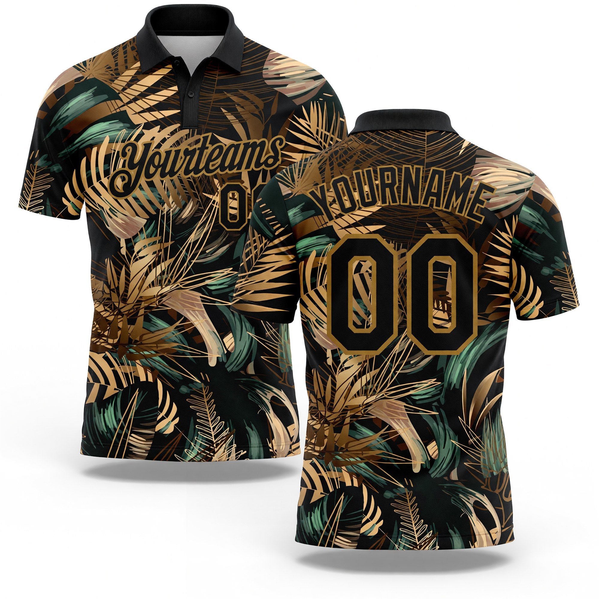 Custom Black Old Gold 3D Pattern Design Golden And Green Tropical Leaves In The Style Of Jungle And Hawaii Performance Golf Polo Shirt