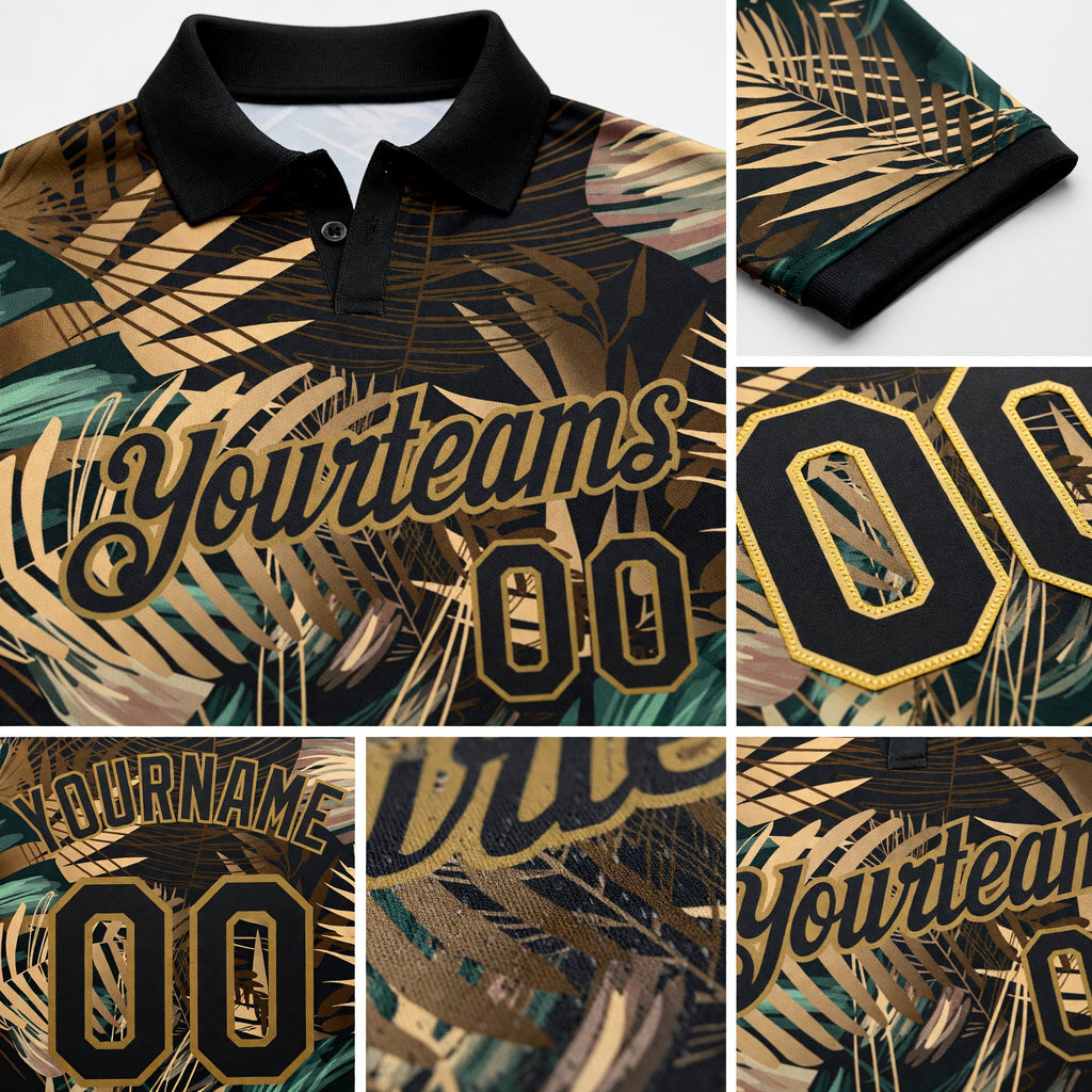 Custom Black Old Gold 3D Pattern Design Golden And Green Tropical Leaves In The Style Of Jungle And Hawaii Performance Golf Polo Shirt detail