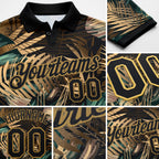Custom Black Old Gold 3D Pattern Design Golden And Green Tropical Leaves In The Style Of Jungle And Hawaii Performance Golf Polo Shirt detail