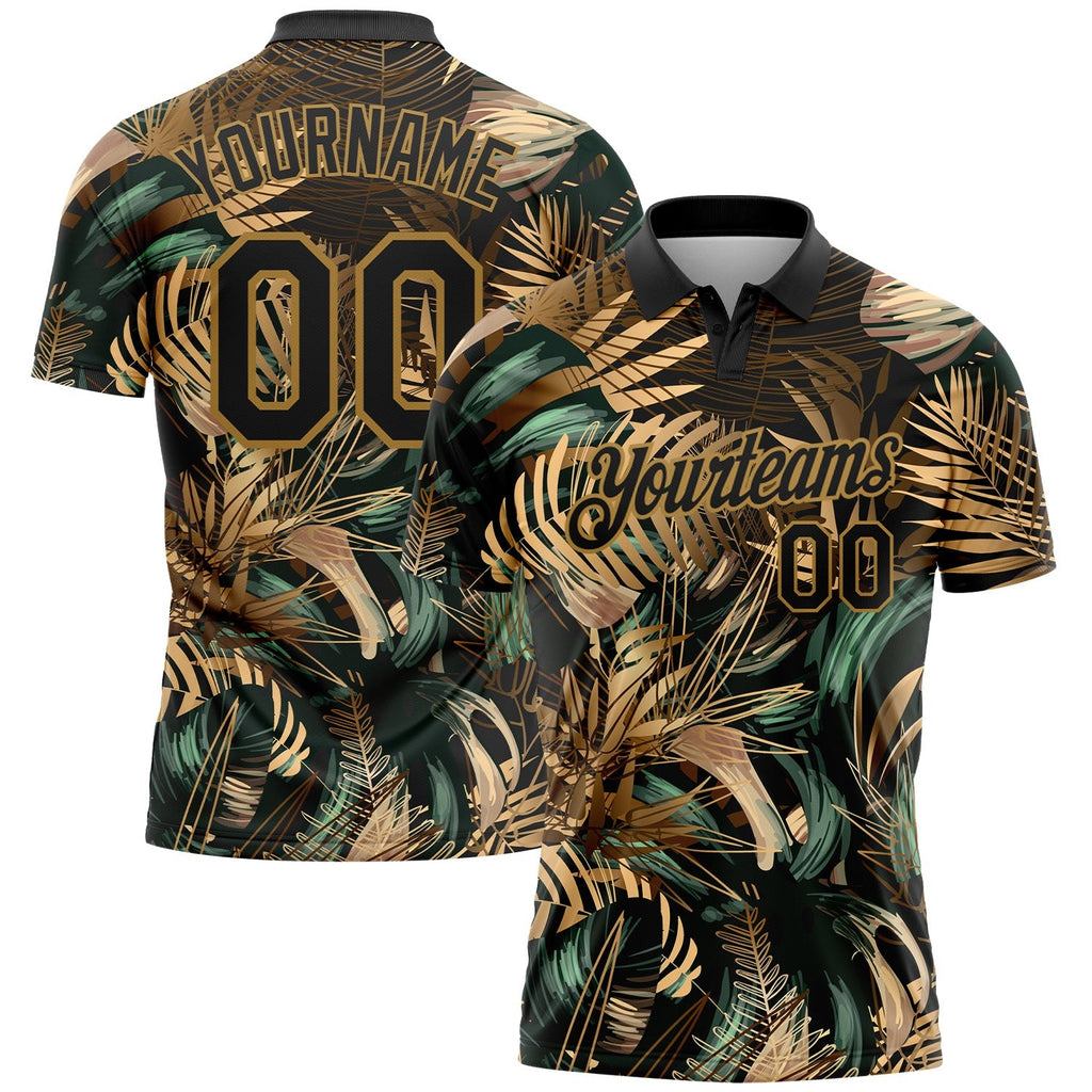 Custom Black Old Gold 3D Pattern Design Golden And Green Tropical Leaves In The Style Of Jungle And Hawaii Performance Golf Polo Shirt photo 1
