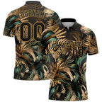 Custom Black Old Gold 3D Pattern Design Golden And Green Tropical Leaves In The Style Of Jungle And Hawaii Performance Golf Polo Shirt photo 1