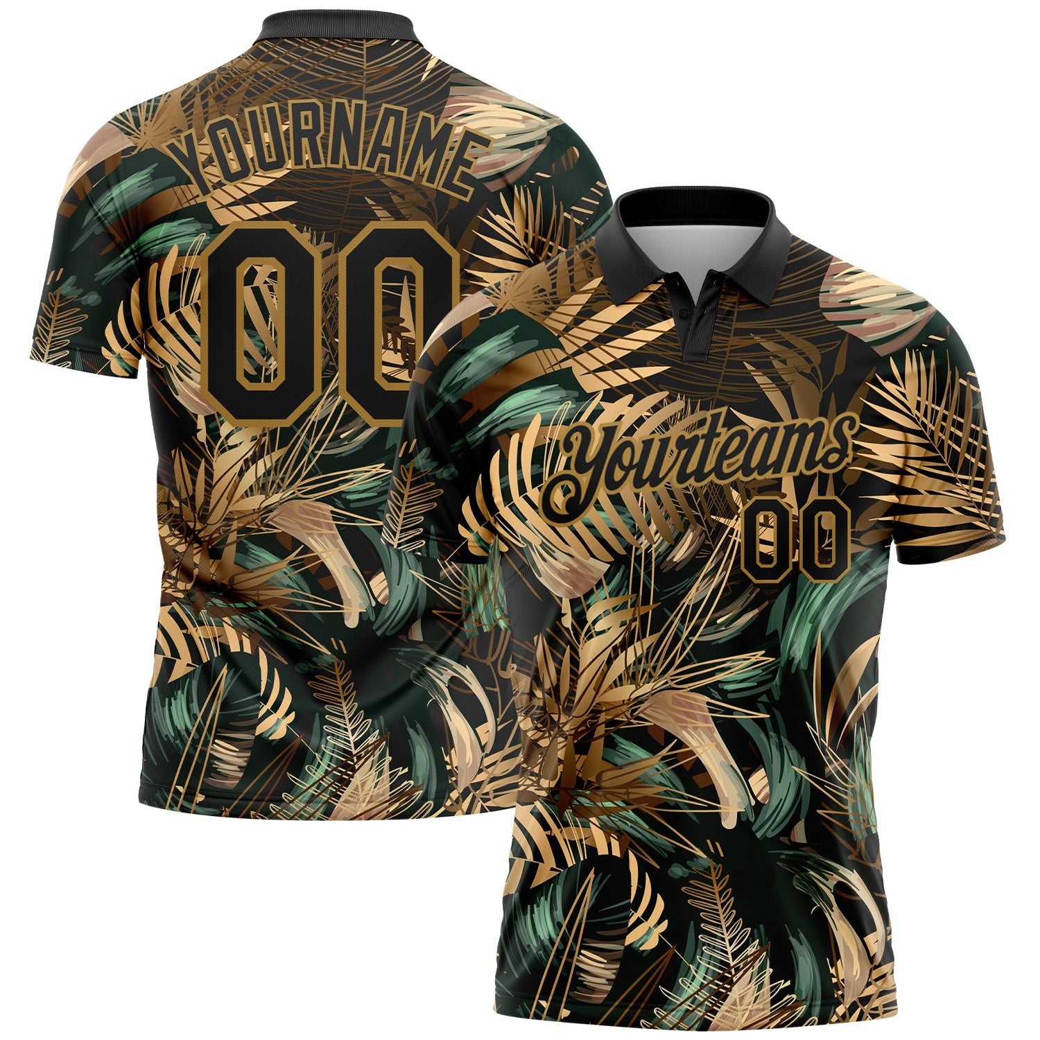 Custom Black Old Gold 3D Pattern Design Golden And Green Tropical Leaves In The Style Of Jungle And Hawaii Performance Golf Polo Shirt photo 1