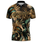 Custom Black Old Gold 3D Pattern Design Golden And Green Tropical Leaves In The Style Of Jungle And Hawaii Performance Golf Polo Shirt photo 2