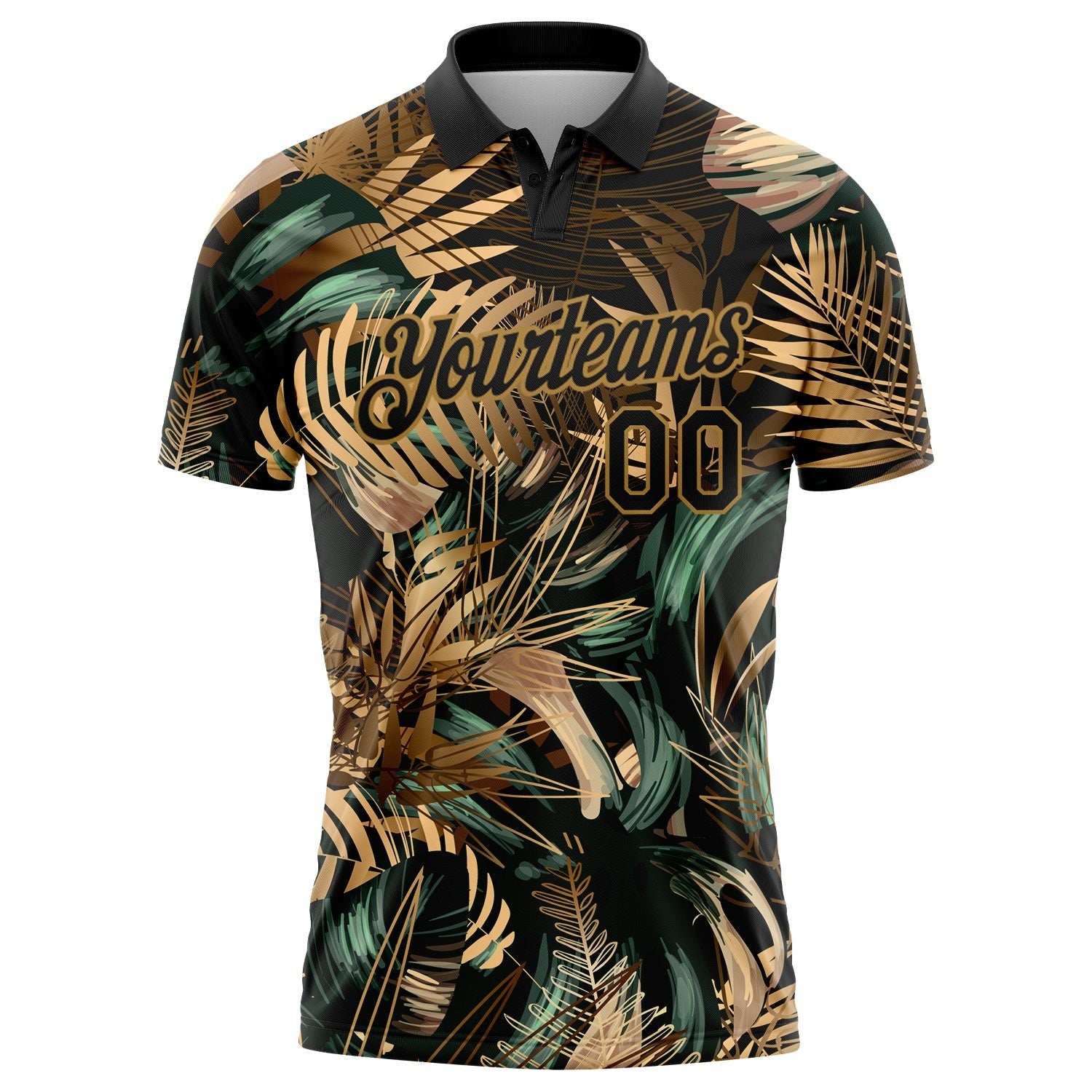 Custom Black Old Gold 3D Pattern Design Golden And Green Tropical Leaves In The Style Of Jungle And Hawaii Performance Golf Polo Shirt photo 2