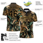 Custom Black Old Gold 3D Pattern Design Golden And Green Tropical Leaves In The Style Of Jungle And Hawaii Performance Golf Polo Shirt photo 3