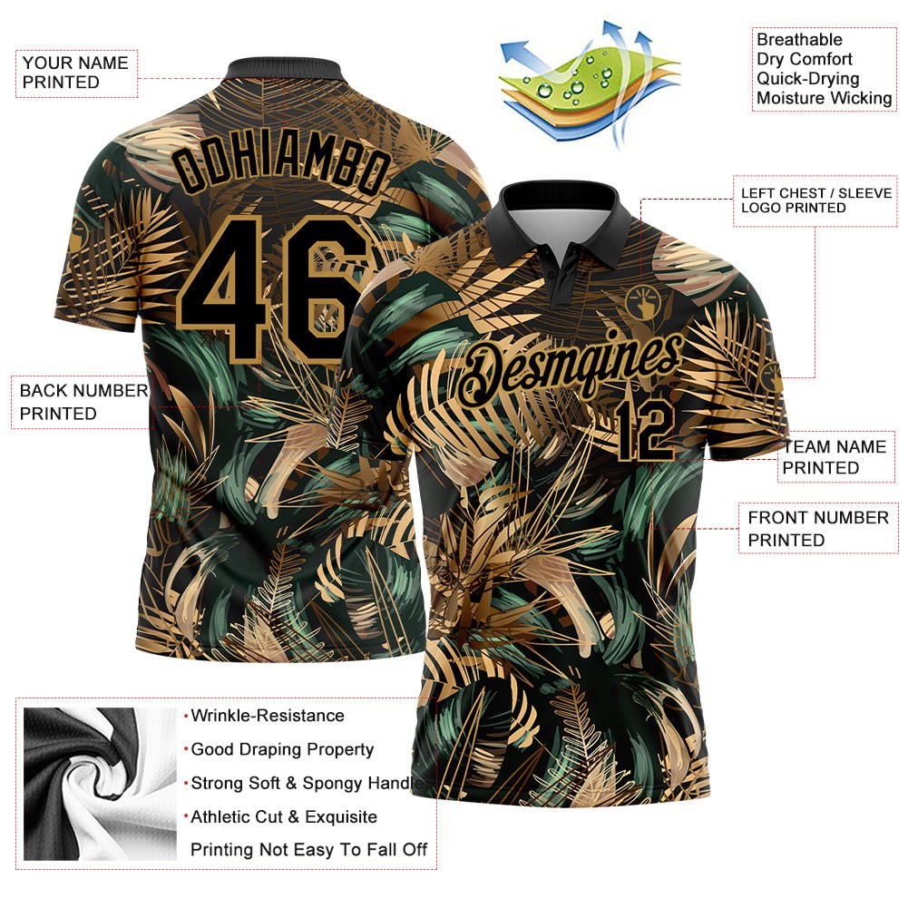 Custom Black Old Gold 3D Pattern Design Golden And Green Tropical Leaves In The Style Of Jungle And Hawaii Performance Golf Polo Shirt photo 3