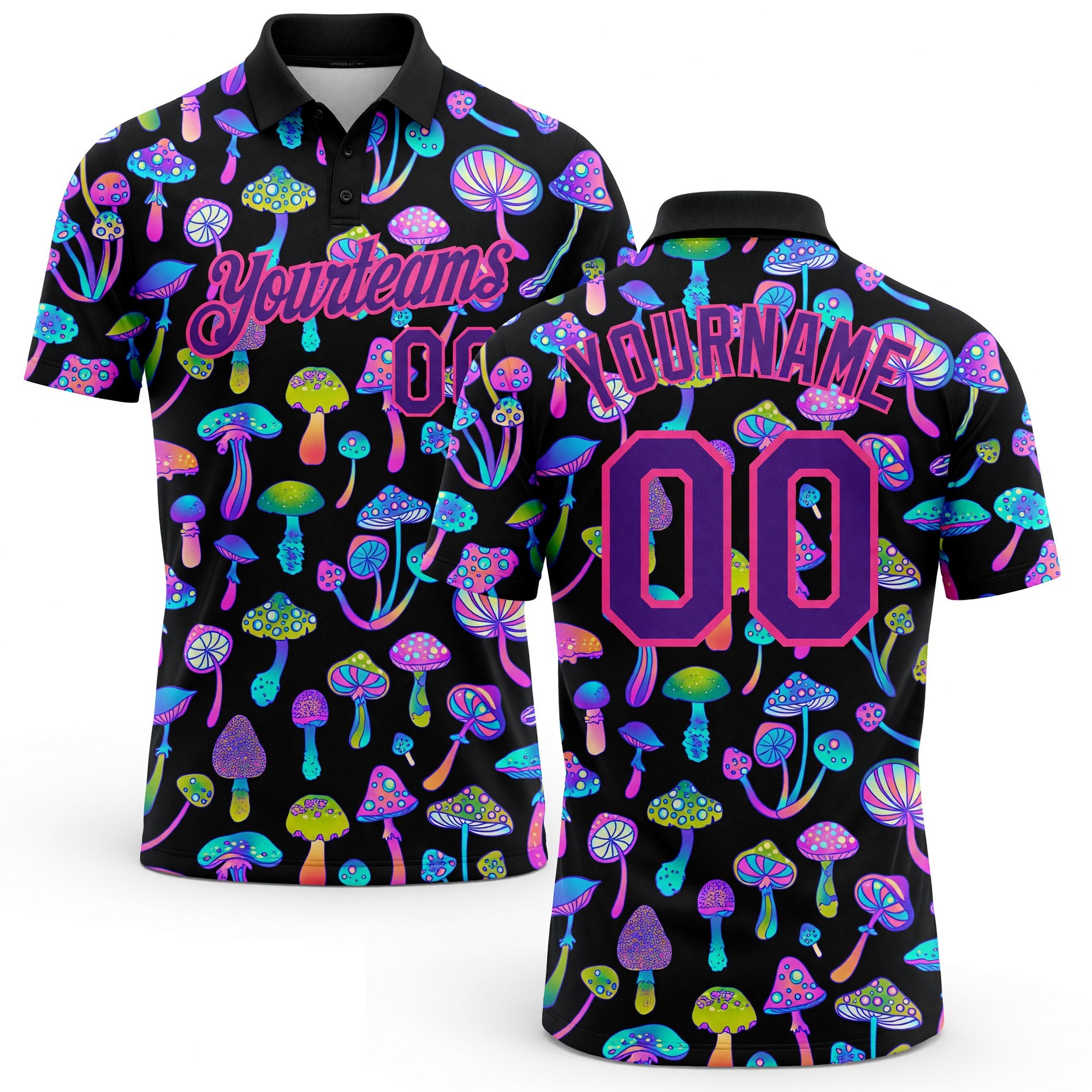 Custom Black Purple-Pink 3D Pattern Design Magic Mushrooms Psychedelic Hallucination Performance Golf Polo Shirt