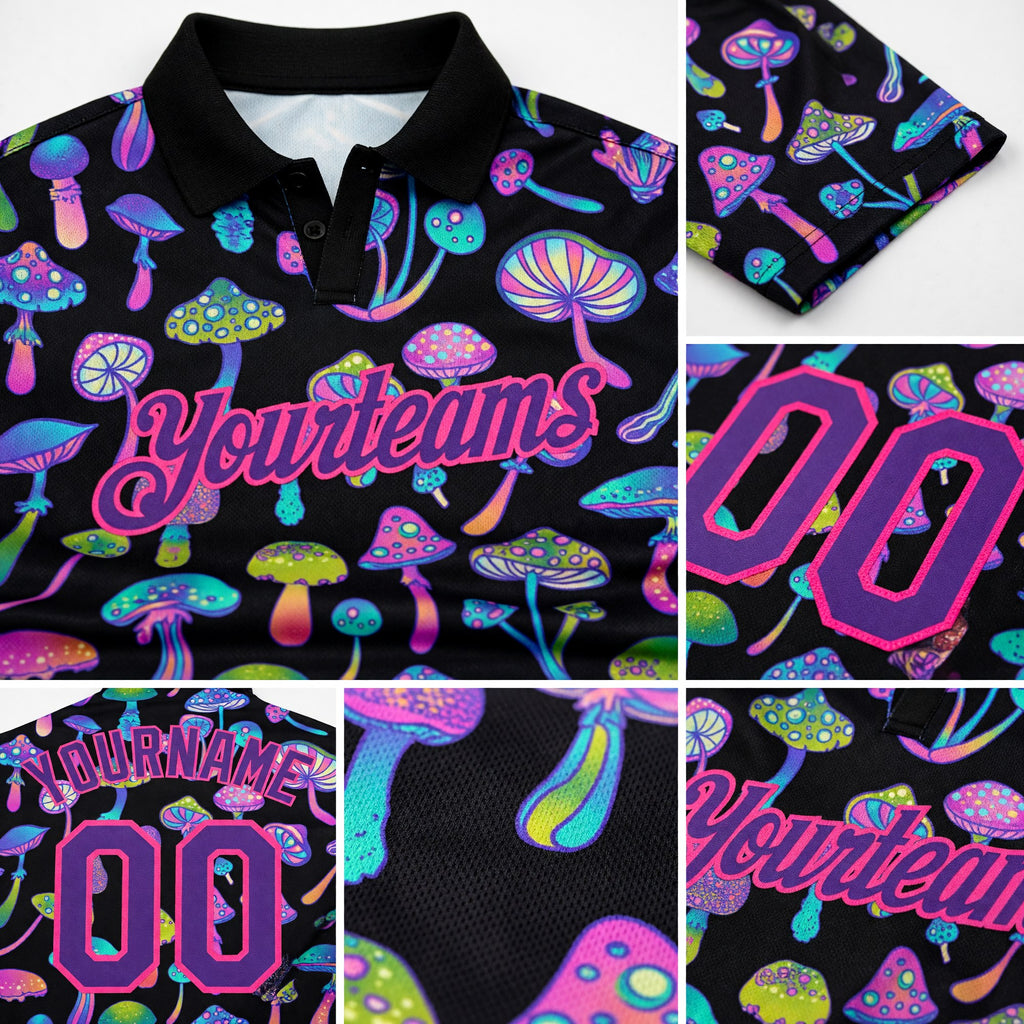 Custom Black Purple-Pink 3D Pattern Design Magic Mushrooms Psychedelic Hallucination Performance Golf Polo Shirt detail