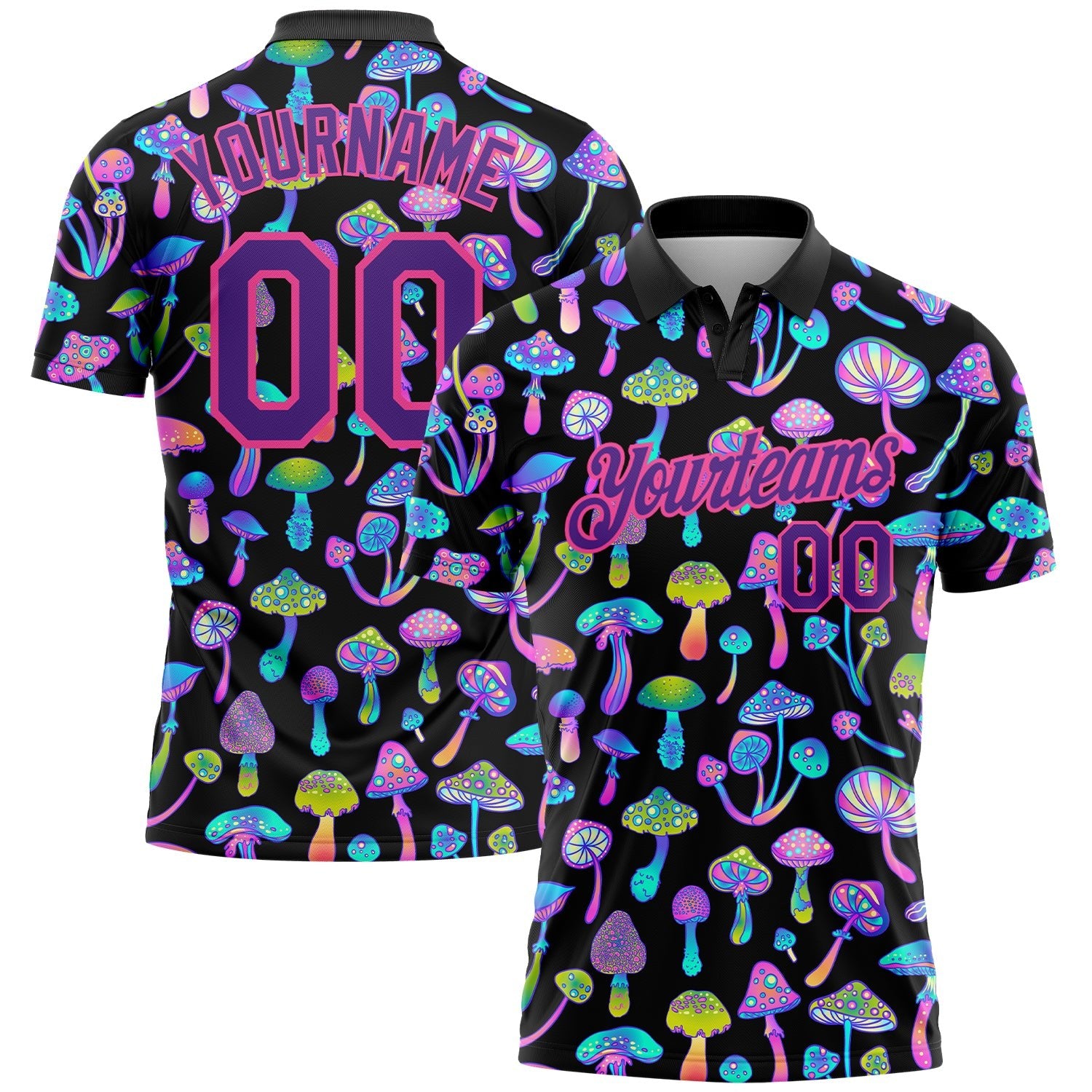 Custom Black Purple-Pink 3D Pattern Design Magic Mushrooms Psychedelic Hallucination Performance Golf Polo Shirt photo 1