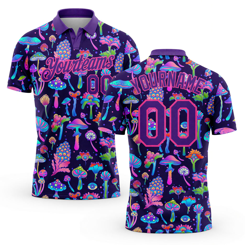 Custom Purple Pink 3D Pattern Design Magic Mushrooms Psychedelic Hallucination Performance Golf Polo Shirt