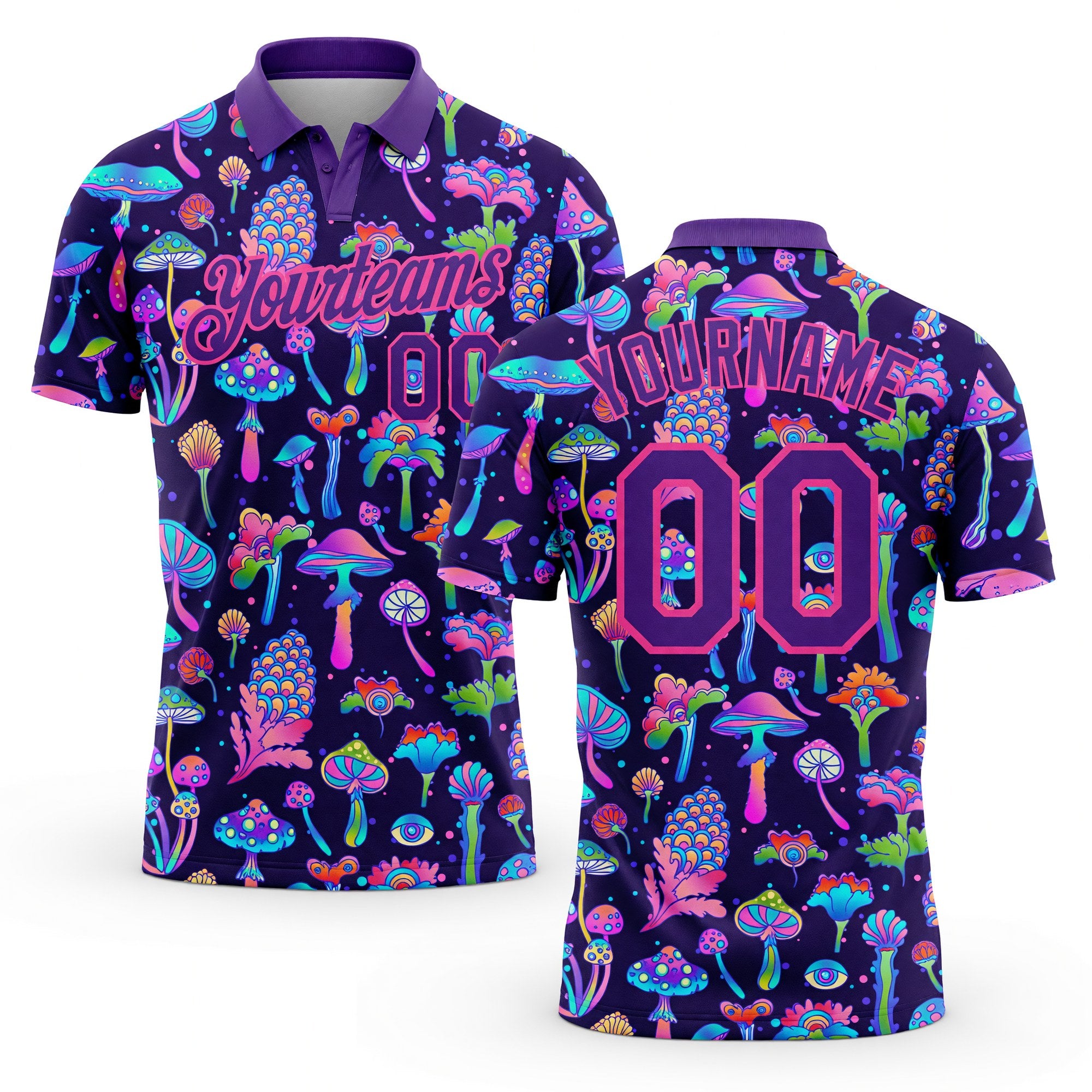 Custom Purple Pink 3D Pattern Design Magic Mushrooms Psychedelic Hallucination Performance Golf Polo Shirt
