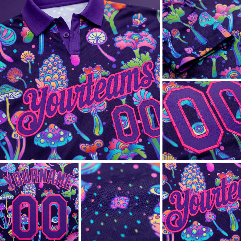 Custom Purple Pink 3D Pattern Design Magic Mushrooms Psychedelic Hallucination Performance Golf Polo Shirt detail