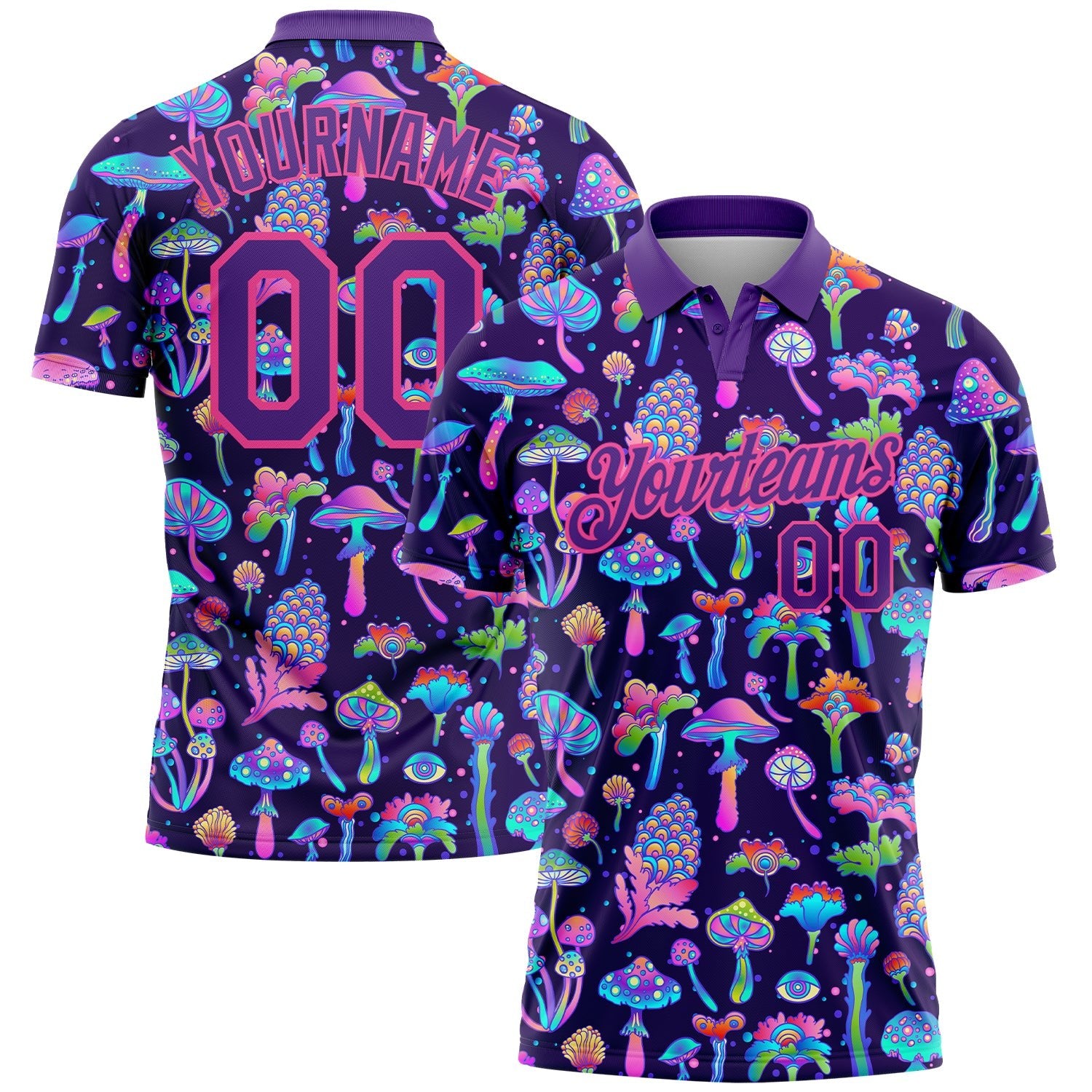 Custom Purple Pink 3D Pattern Design Magic Mushrooms Psychedelic Hallucination Performance Golf Polo Shirt photo 1