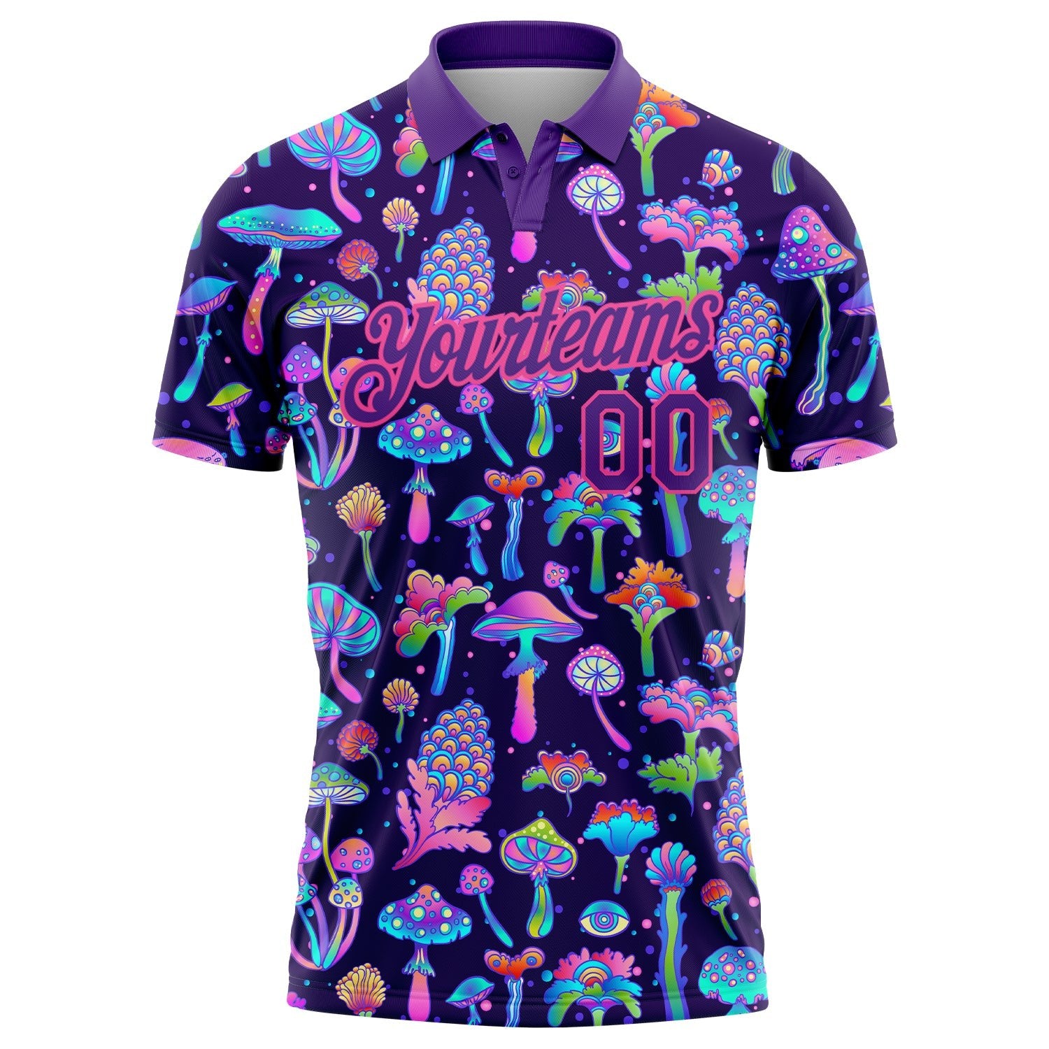 Custom Purple Pink 3D Pattern Design Magic Mushrooms Psychedelic Hallucination Performance Golf Polo Shirt photo 2