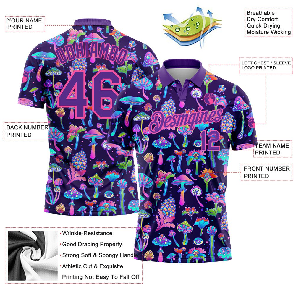 Custom Purple Pink 3D Pattern Design Magic Mushrooms Psychedelic Hallucination Performance Golf Polo Shirt photo 3