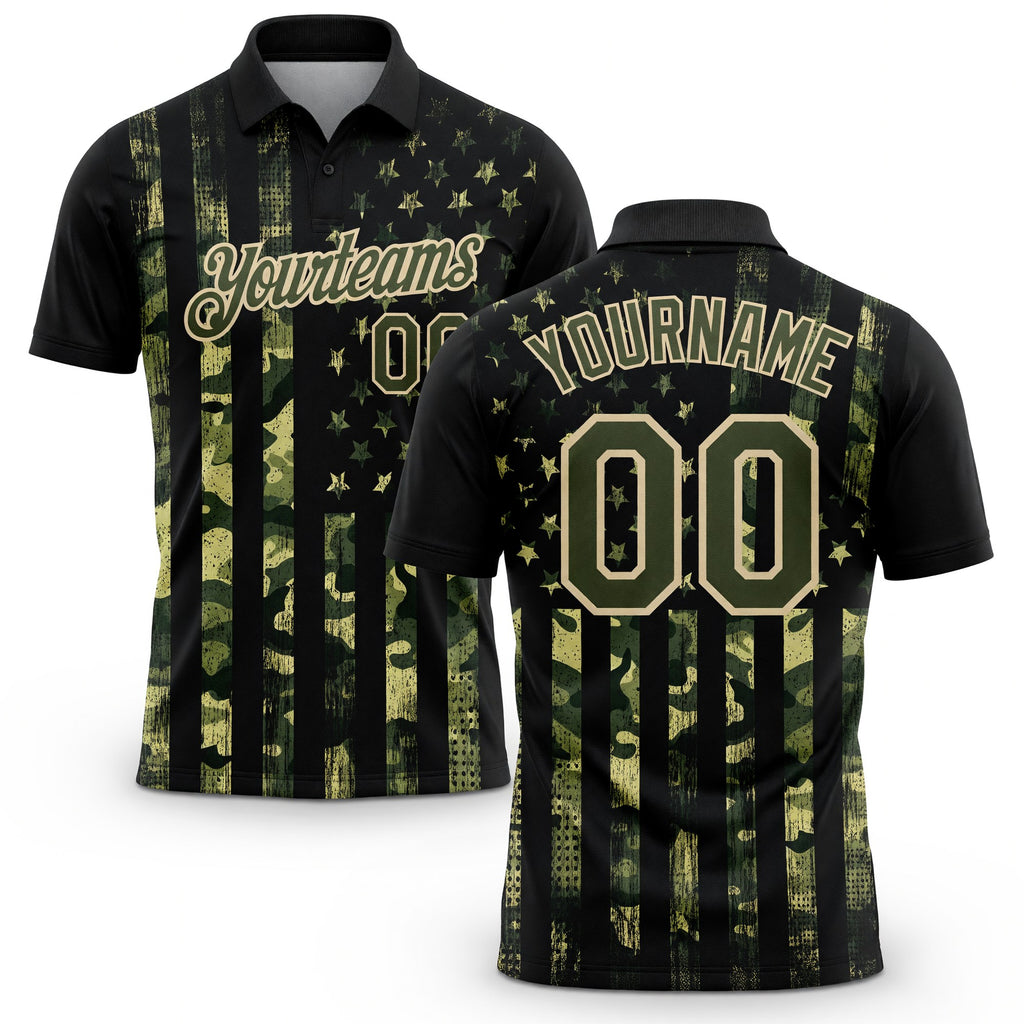 Custom Camo Olive-Cream 3D American Flag Performance Salute To Service Golf Polo Shirt