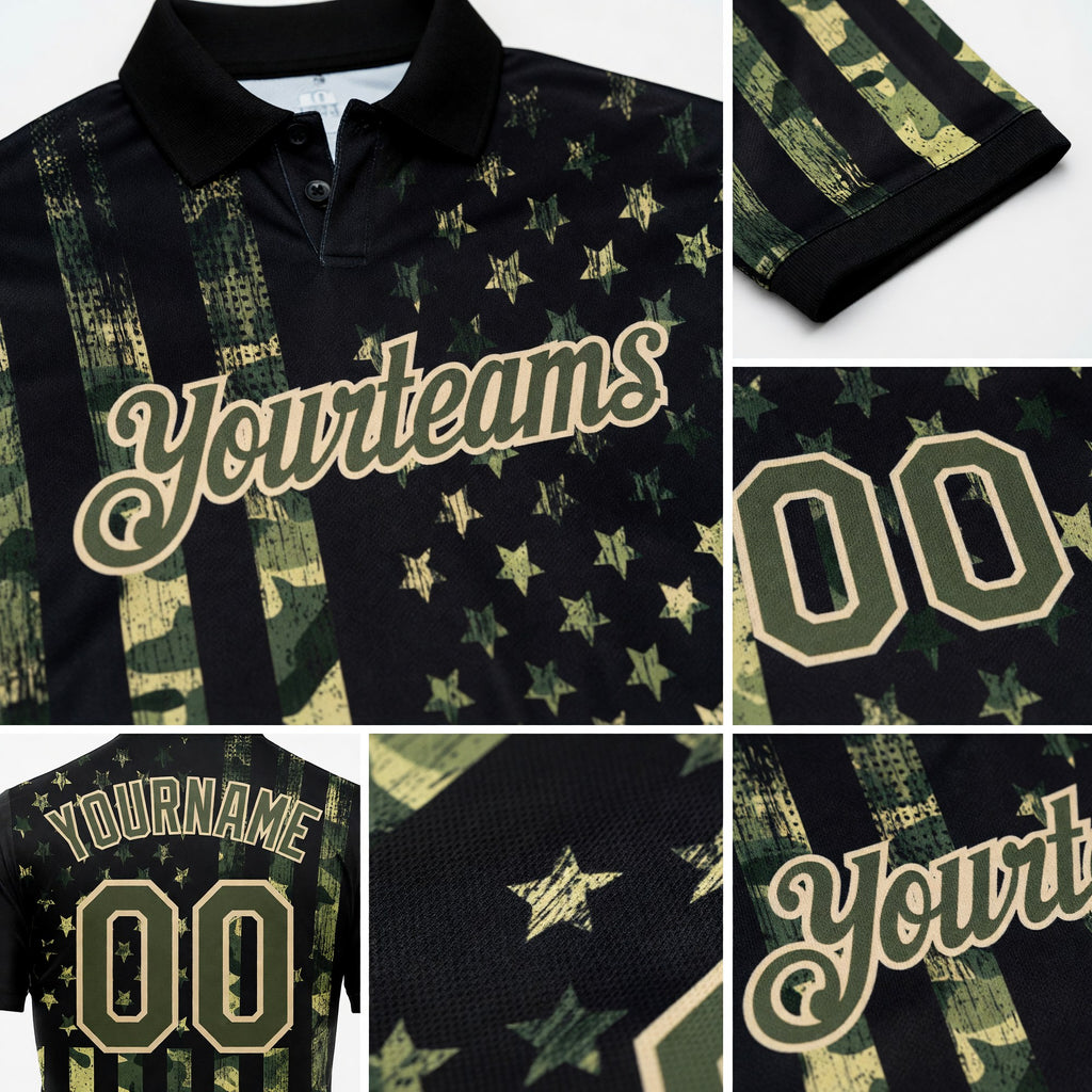 Custom Camo Olive-Cream 3D American Flag Performance Salute To Service Golf Polo Shirt detail