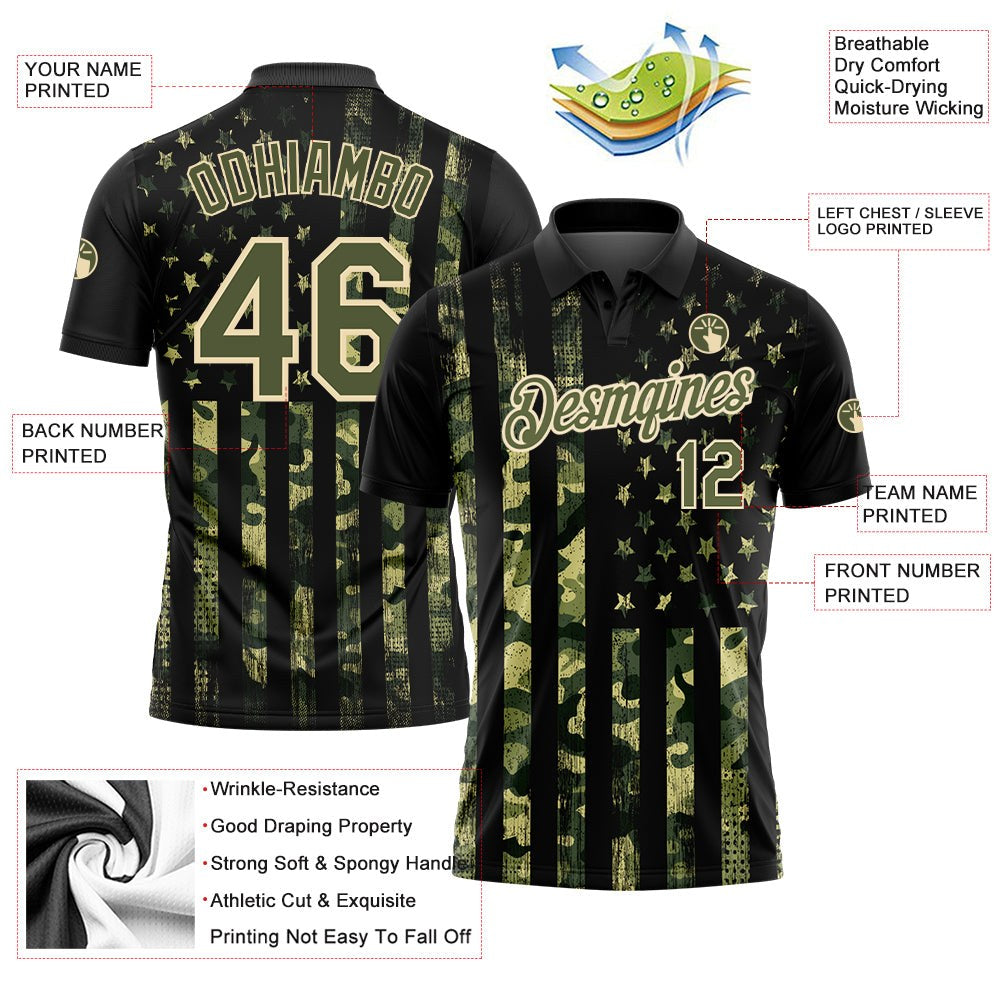 Custom Camo Olive-Cream 3D American Flag Performance Salute To Service Golf Polo Shirt photo 3
