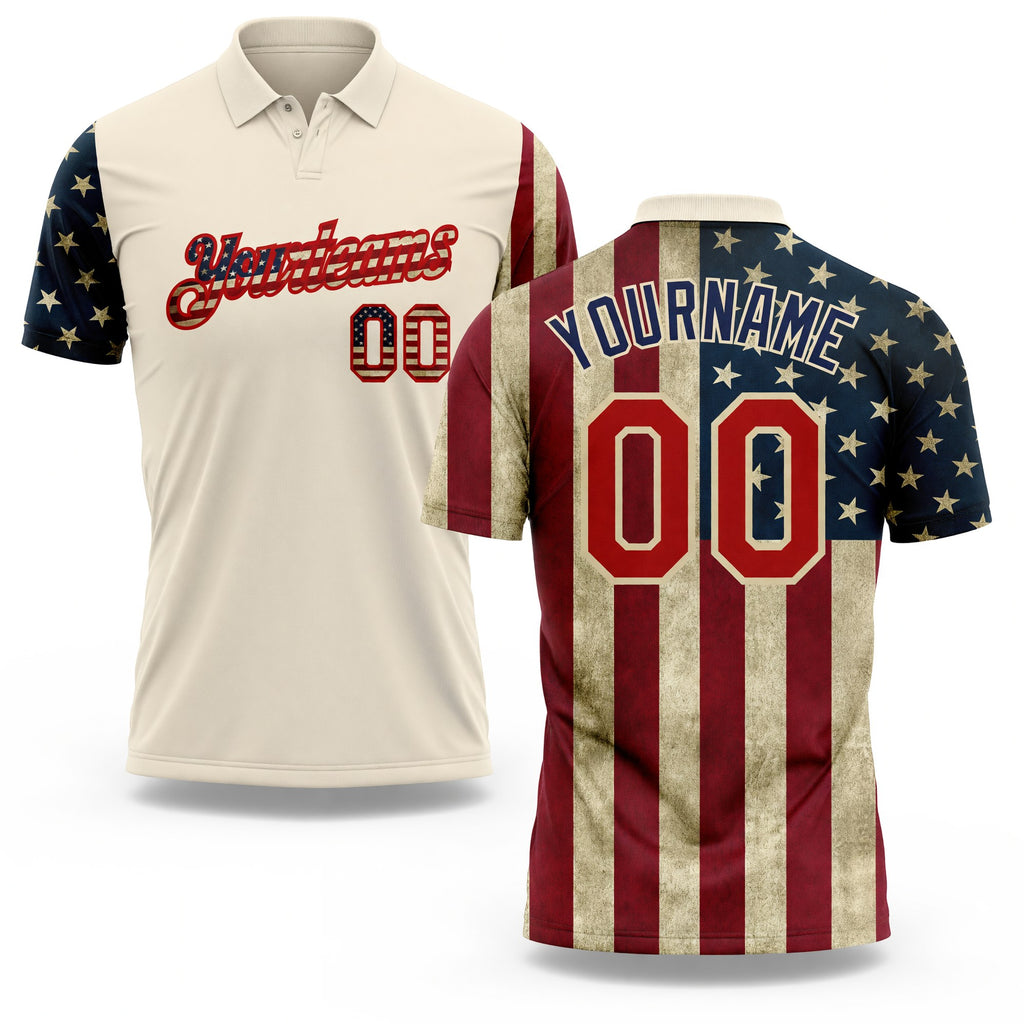 Custom Cream Red-Navy 3D American Flag Performance Golf Polo Shirt