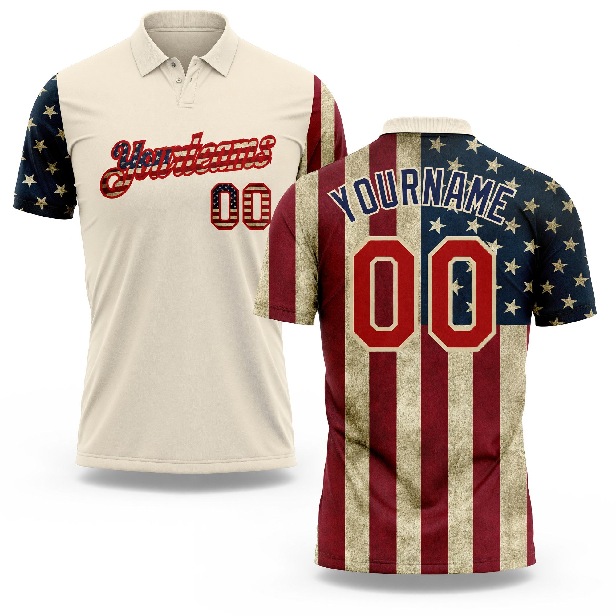 Custom Cream Red-Navy 3D American Flag Performance Golf Polo Shirt