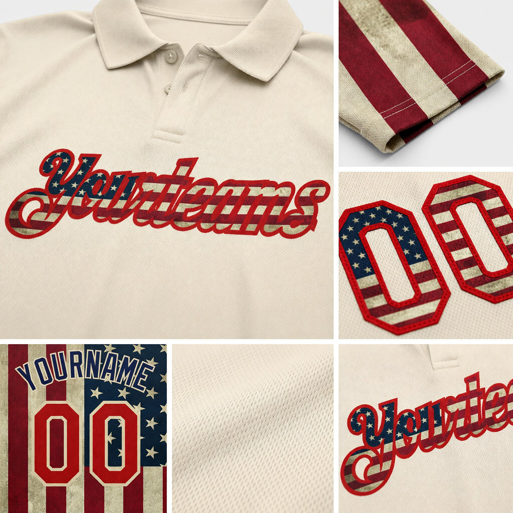Custom Cream Red-Navy 3D American Flag Performance Golf Polo Shirt detail